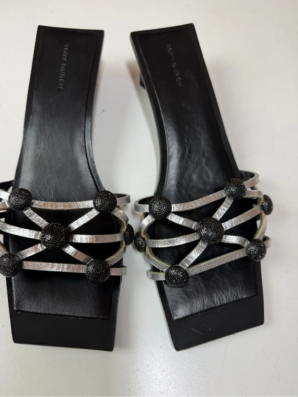 Tory Burch Black Crystal Bobble Silver Metallic Leather Square Toe Low Heels 8.5